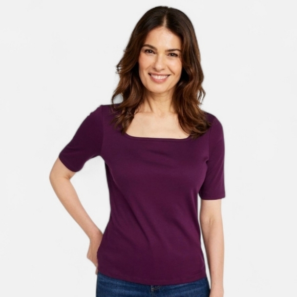 L.L. Bean Tops - NWT L.L. Bean Deep Purple 100% Pima Cotton Square Neck Elbow-Sleeve Size-Large